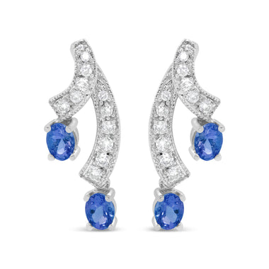 14K White Gold 4x3MM Oval Shaped Natural Blue Tanzanite Gemstone and 1/5 Cttw Diamond Double 3/4" Inch Drop Stud Earrings (H-I Color, VS1-VS2 Clarity)