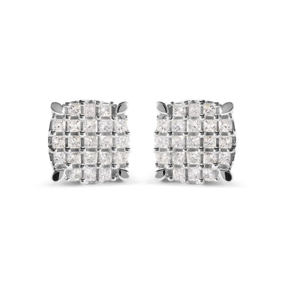 10K White Gold 3/4 Cttw Princess Diamond Composite Cushion Shape Stud Earrings (I-J Color, I1-I2 Clarity)