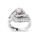 14K White Gold 1.00 Cttw Round and Baguette cut Diamond Swirl Cocktail Ring (H-I Color, SI2-I1 Clarity) - Ring Size 7-1