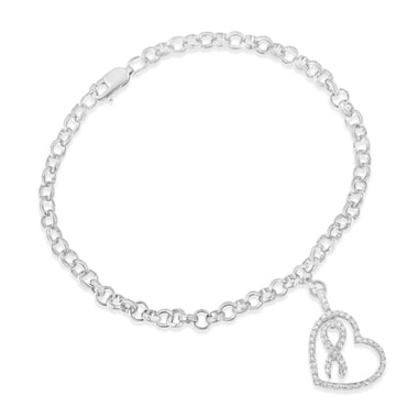 .925 Sterling Silver 1/4 Cttw Diamond-Accented Heart and Ribbon Charm 7" Link Chain Bracelet (H-I Color, I1-I2 Clarity) - 0