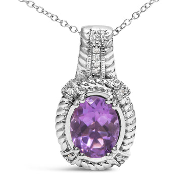 .925 Sterling Silver 9x7mm Oval Purple Amethyst and Round Diamond Accent Fashion Drop Pendant 18 Inch Necklace (I-J Color, I1-I2 Clarity) - 0