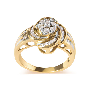 10K Yellow Gold 1/2 Cttw Round and Baguette Diamond Flower Swirl Cocktail Ring (I-J Color, SI2-I1 Clarity) - Ring Size 7 - 0