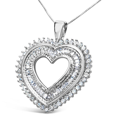 .925 Sterling Silver 1.0 Cttw Baguette and Round Diamond  Heart Pendant 18" Necklace (H-I Color, I3 Clarity) - 0
