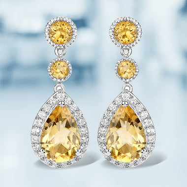 7.06 Carat Genuine Citrine and White Topaz .925 Sterling Silver Earrings - 0