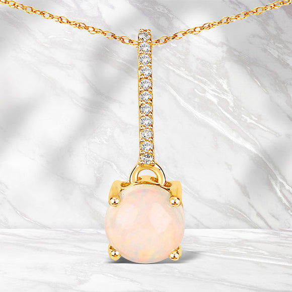 0.53 Carat Genuine Ethiopian Opal and White Diamond 10K Yellow Gold Pendant