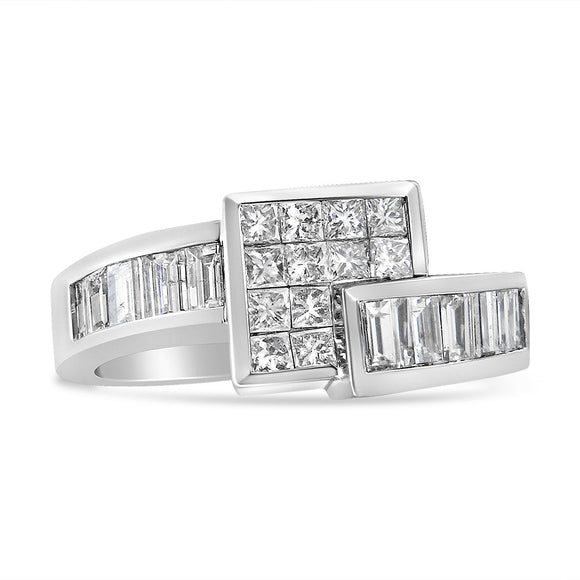 14K White Gold 1 1/2 Cttw Invisible-Set Princess and Channel-Set Baguette Diamond Geometric Bypass Ring Band (G-H Color, SI2-I1 Clarity) - Ring Size 7