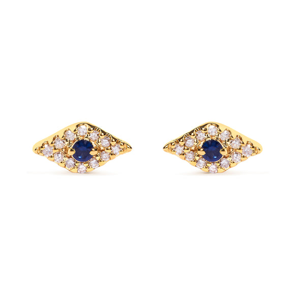 10K Yellow Gold Blue Sapphire and Diamond Accent Evil Eye Stud Earring (H-I Color, I1-I2 Clarity)