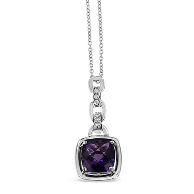 .925 Sterling Silver 6x6MM Cushion Shaped Natural Purple Amethyst and Diamond Accented Bale 18" Inch Pendant Necklace (I-J Color, I1-I2 Clarity) - 0
