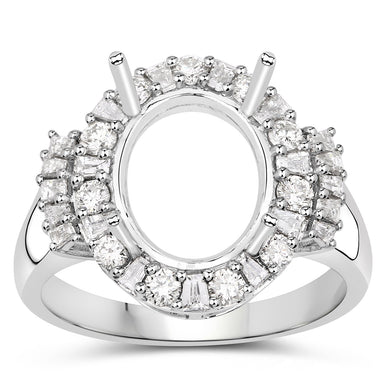 0.83 Carat Genuine White Diamond 14K White Gold Semi Mount Ring - holds 11x9mm Oval Gemstone - 0