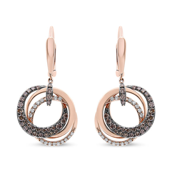 14K Rose Gold 1.00 Cttw White and Brown Diamond Intertwining Hoops and Circle Dangle Earrings (H-I/Brown Color, SI1-SI2 Clarity)