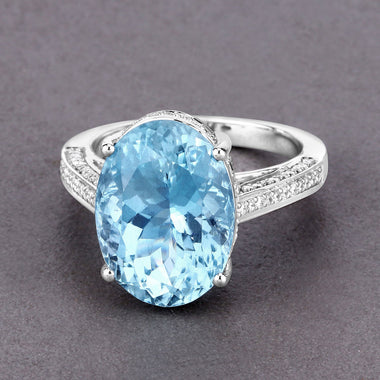 8.84 Carat Genuine Aquamarine and White Diamond 14K White Gold Ring - 0