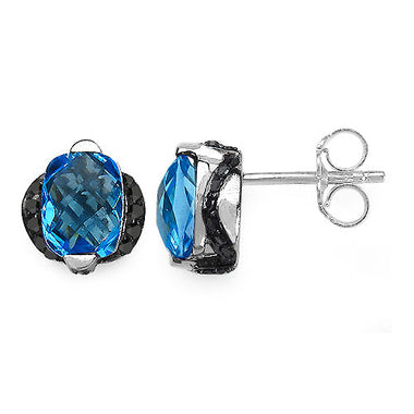 3.74 Carat Genuine Blue Topaz & Black Diamond .925 Sterling Silver Earrings - 0