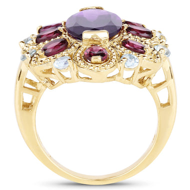 14K Yellow Gold Plated 6.80 Carat Genuine Amethyst, Rhodolite & Blue Topaz .925 Sterling Silver Ring - 0
