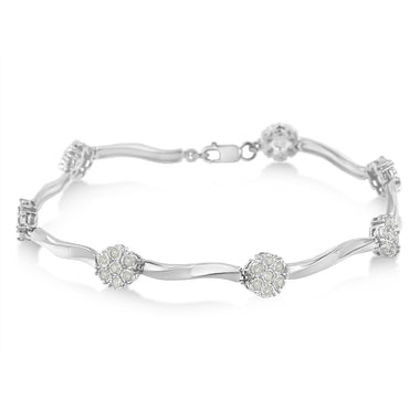 .925 Sterling Silver 1/4 Cttw Diamond Cluster Miracle-Set Station & Twisted Bar 7" Tennis Bracelet (H-I Color, I2-I3 Clarity) - 0