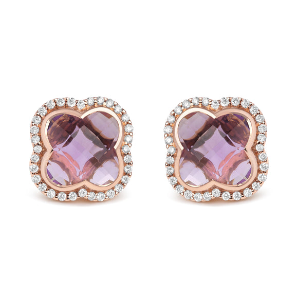 18K Rose Gold 3/8 Cttw Diamond and 11x11mm Clover-Cut Purple Amethyst Gemstone Clover Halo Stud Earrings (G-H Color, SI1-SI2 Clarity)