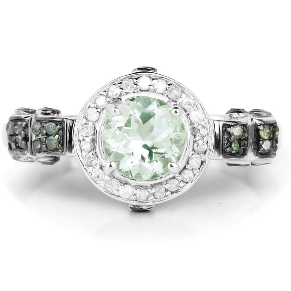 1.07 Carat Genuine Green Amethyst, Green Diamond and White Diamond .925 Sterling Silver Ring