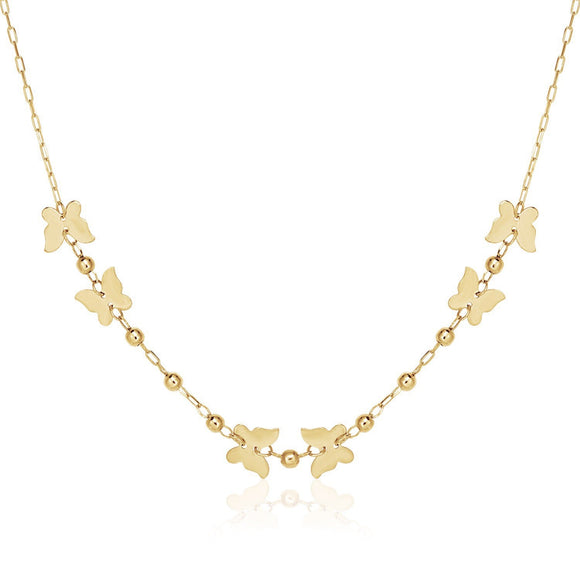 14k Yellow Gold 18 inch Necklace with Polished Butterflies and Beads