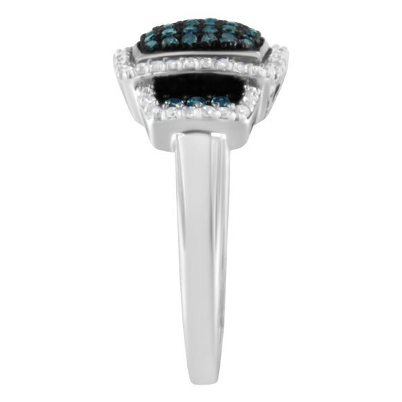Black Rhodium Plated .925 Sterling Silver 1/2 Cttw White & Blue Diamond Square Halo Cocktail Ring (Fancy Blue & H-I Color, I2-I3 Clarity) - SIze 6