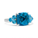 18K White Gold 10mm Cushion Shaped Blue Topaz and 1/6 Cttw Diamond 3 Stone Style Ring (F-G Color, VS1-VS2 Clarity) - Ring Size 6.5-2