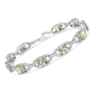 .925 Sterling Silver 7x7 mm Cushion Cut Green Amethyst and 1/20 cttw Round Cut Diamond Fashion Tennis Bracelet (I-J Color, I1-I2 Clarity) - 7" - 0