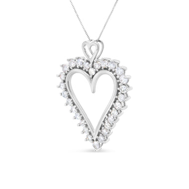 .925 Sterling Silver 1 3/4 Cttw Round Diamond Lined Open Heart Pendant 18" Necklace (I-J Color, I2-I3 Clarity) - 0