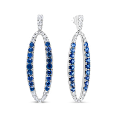 18K White Gold 1.11 Cttw Blue Round Diamond and Blue Sapphire Openwork Oval Shaped Dangle Earrings (F-G Color, VS1-VS2 Clarity) - 0