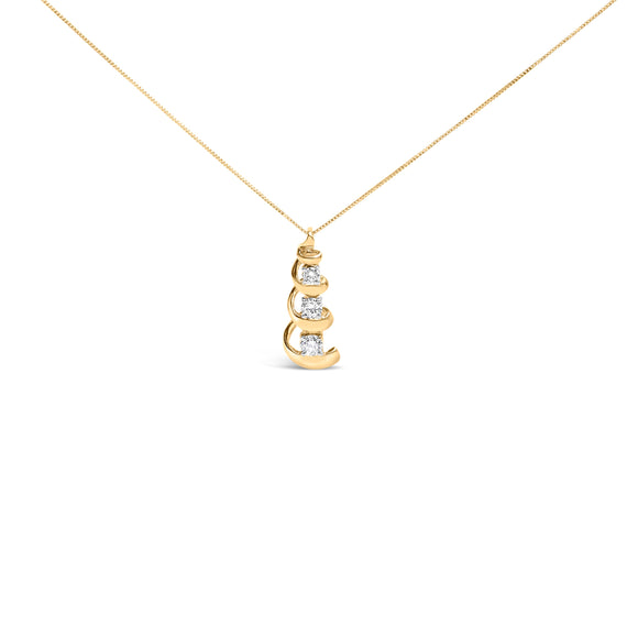 10k Yellow Gold 1/4 Cttw Diamond 3 Stone Swirl and Drop Pendant Necklace