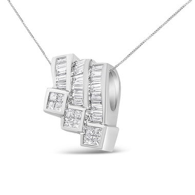 14K White Gold 1 1/2 Cttw Invisible Set Princess and Channel Set Baguette-cut Diamond Triple Curve Pendant Necklace (G-H Color, SI1-SI2 Clarity) - NO CHAIN INCLUDED - 0