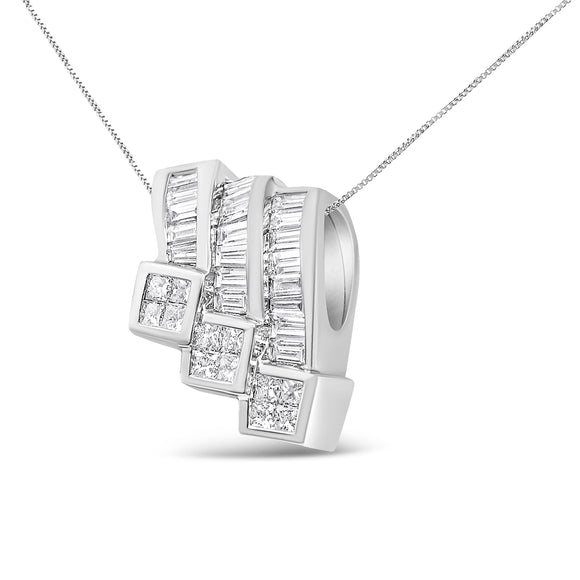 14K White Gold 1 1/2 Cttw Invisible Set Princess and Channel Set Baguette-cut Diamond Triple Curve Pendant Necklace (G-H Color, SI1-SI2 Clarity) - NO CHAIN INCLUDED