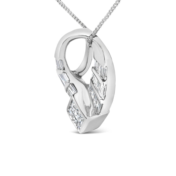 14k White Gold 1 5/8 Cttw Invisible Set Princess and Channel Set Baguette Diamond Curved Oval Shape Pendant Necklace (G-H Color, VS2-SI1 Clarity)