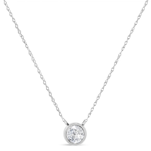 AGS Certified 10K White Gold 1/5 Cttw Bezel Set Round Diamond Solitaire 16-18" Adjustable Pendant Necklace (H-I Color, SI1-SI2 Clarity)