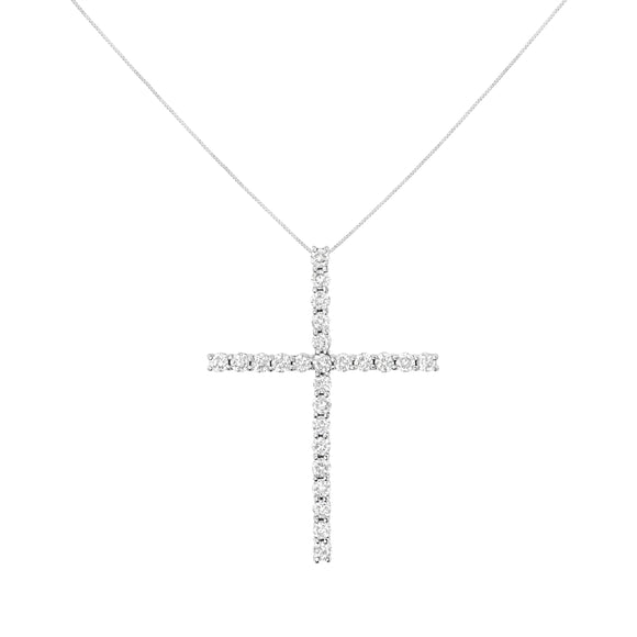 .925 Sterling Silver 3.0 Cttw Round Shape Diamond 1-1/2" Cross Pendant with Box Chain Necklace (I-J Color, I2-I3 Clarity) - 18"