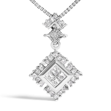 10K White Gold 1/2 Cttw Princess Cut Rhombus Drop Pendant Necklace - 0
