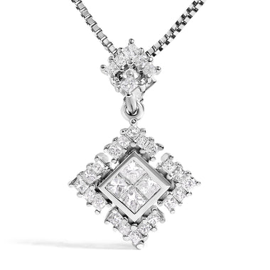 10K White Gold Princess Cut Diamond Geometric Pendant Necklace - 0