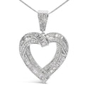 .925 Sterling Silver 1.00 Cttw Baguette and Round Diamond Open Heart Pendant Necklace-2
