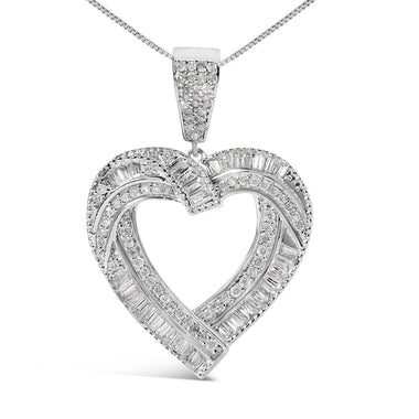 .925 Sterling Silver 1.00 Cttw Baguette and Round Diamond Open Heart Pendant Necklace - 0