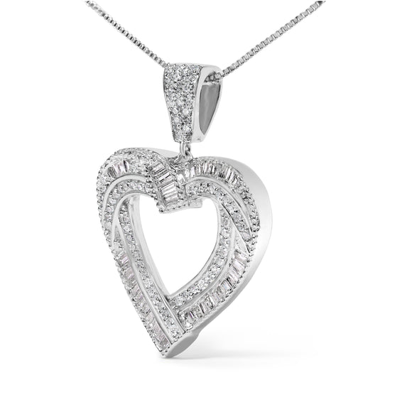 .925 Sterling Silver 1.00 Cttw Baguette and Round Diamond Open Heart Pendant Necklace