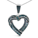 .925 Sterling Silver 1.00 Cttw Baguette and Round Blue Diamond Open Heart Pendant Necklace-2