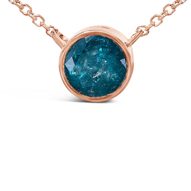 14K Rose Gold 2.0 Cttw Bezel Set Blue Diamond Solitaire Pendant Necklace  - 18" Inches - 0