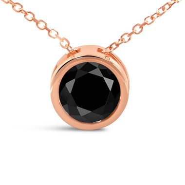 14K Rose Gold 3 1/2 Cttw Bezel-Set Black Round Diamond Solitaire Pendant Necklace (Black Color, I2-I3 Clarity) - 18" - 0