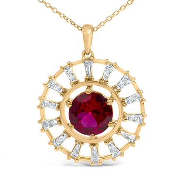 14K Yellow Gold Plated Silver Lab Grown Ruby and 5/8 Cttw Baguette Diamond Medallion Pendant Necklace - 0