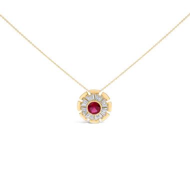 14K Yellow Gold Plated Silver Created Red Ruby and Diamond Baguette Medallion Pendant Necklace