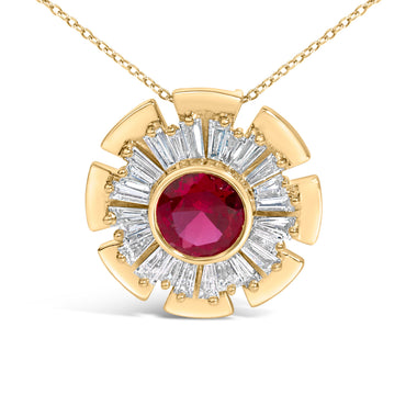14K Yellow Gold Plated Silver Created Red Ruby and Diamond Baguette Medallion Pendant Necklace - 0