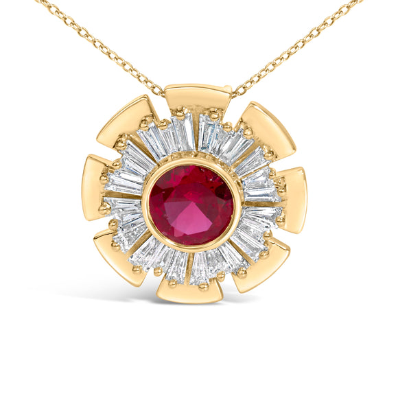 14K Yellow Gold Plated Silver Created Red Ruby and Diamond Baguette Medallion Pendant Necklace