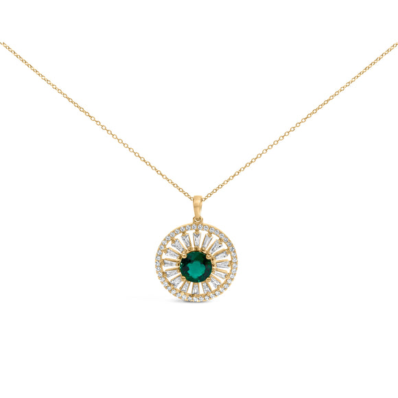 14K Yellow Gold Plated Sterling Silver Lab Grown Emerald and Diamond Sunburst Medallion Pendant Necklace