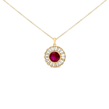 14K Yellow Gold Plated Silver Created Red Ruby and Baguette Diamond Sunburst Medallion Pendant Necklace