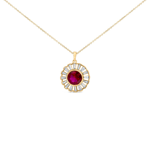 14K Yellow Gold Plated Silver Created Red Ruby and Baguette Diamond Sunburst Medallion Pendant Necklace