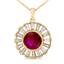 14K Yellow Gold Plated Silver Created Red Ruby and Baguette Diamond Sunburst Medallion Pendant Necklace-2