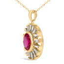 14K Yellow Gold Plated Silver Created Red Ruby and Baguette Diamond Sunburst Medallion Pendant Necklace-3