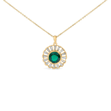 14K Yellow Gold Plated Sterling Silver Lab Grown Emerald and Baguette Diamond Sunburst Medallion Pendant Necklace